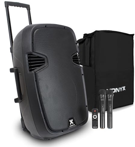 Vonyx SPJ-PA915 Portable PA System - 15 Bluetooth Battery-Powered Speaker, 700W Wireless Sound System with 2 UHF Microphones and Protective Speaker Cover Included
