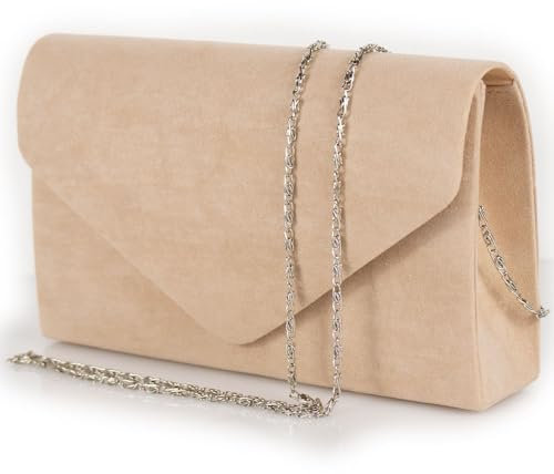 Emila Pochette beige scamosciato elegante donna da cerimonia Borsa a mano piccola Clutch da sera borsetta per ragazza signora party leggera con tracolla in catena Tessuto scamosciato Beige