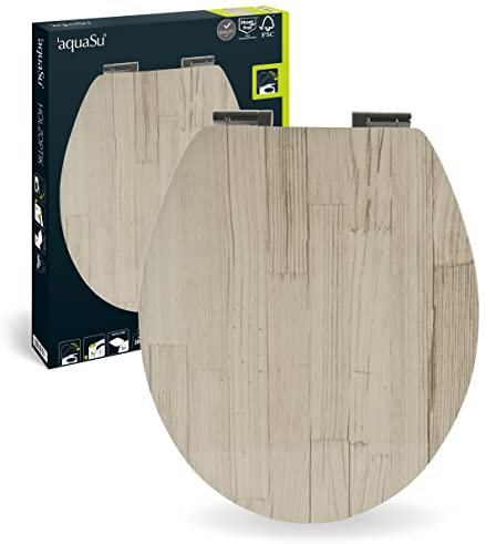 'auqaSu® WC-Sitz mit Absenkautomatik, Holz Dekor Holz-Optik Beige-Grau, Holzkern Toilettensitz, universale O Form, oval, Fast Fix Schnellbefestigung, Metallscharnier, Toilettendeckel Holz, 40393 1