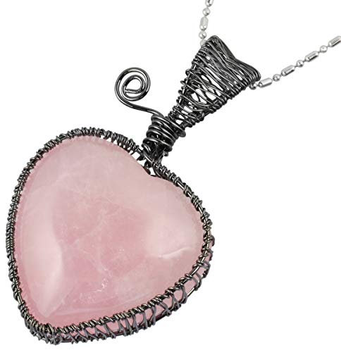mookaitedecor Quartz Rose Cœur Collier Pendentif Pierre Naturelle Semi Precieuse Fil Cuivre Bijoux avec Chaîne pour Femme
