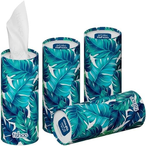 tishoo Hyaluronic Acid-Infused 4-ply Ultra Luxury Tissues | for Car Cup Holders, Home & Travel | 4 Tubes in Plastic-Free Packaging | Green/Leaves
