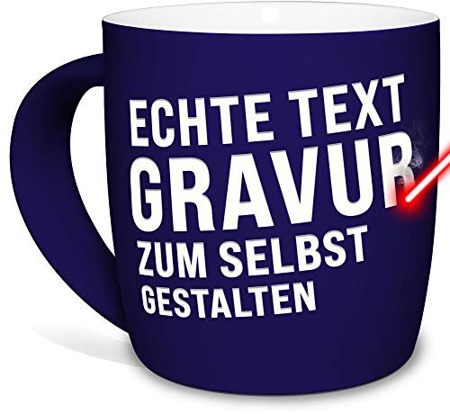 Tassendruck Tasse mit Gravur selbst gestalten - mit eigenem Spruch oder Wunschname gravieren - Keramiktasse außen gummiert - Blau, 300 ml