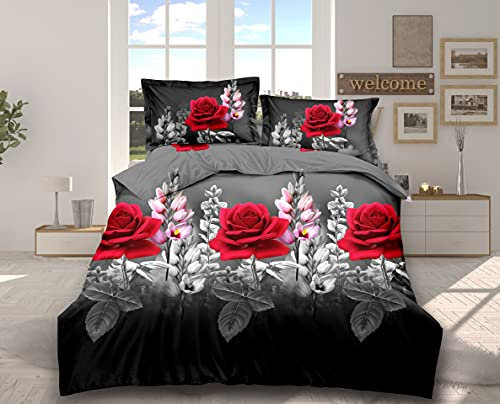 THL 4 Pcs Complete Bedding Set 3D Design Floral Printed Duvet Cover with Fitted Sheet Pillowcases (Red Rose Pink Floral 360, Super King)