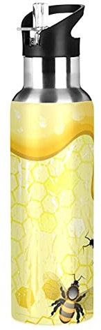 Vnurnrn Mignon Abeille Miel Hexagone Marbre Bouteille d'eau Isotherme avec Paille en Acier Inoxydable Gourde 600ML, Sans Bpa Gourdes Eau pour Enfant Sport Randonnée École Bureau