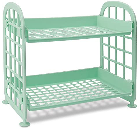 QUMENEY Desktop Rack Cosmetic Stationery Storage Holder, 2-Tier Multifunctional Plastic Shelf Makeup Organizer for Skincare Office Kitchen Bedroom Bathroom Home Light Green