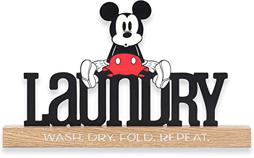 Disney Micky Maus Waschküche, Tischdekoration, waschbar, trocken gefaltet, wiederholte Metall-Micky-Maus-Dekoration auf Naturholzsockel