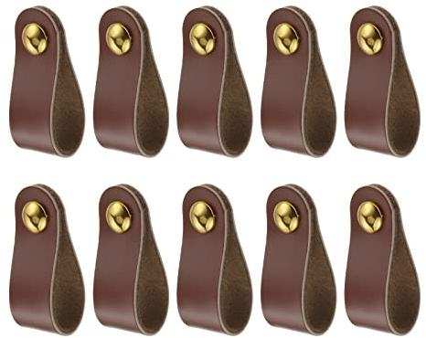 MOOTVGOO Lot de 10 poignées de tiroir en cuir marron faites à la main avec vis longues et courtes pour commode, armoire, porte de placard