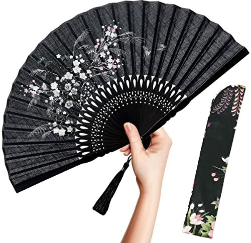 OMyTea Folding Hand Fan for Women - Foldable Chinese Japanese Vintage Bamboo Silk Fan - for Hot Flash, Church, EDM, Music Festival, Party, Dance, Performance, Decoration, Gift (Black Grassflower)