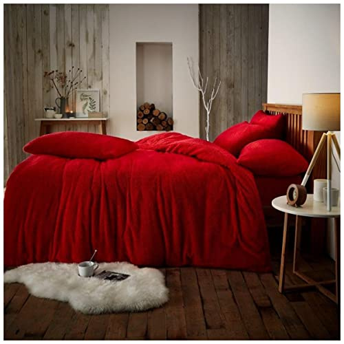 Teddy Bear Fleece Super King Duvet Cover Set – 3 Piece Soft Fluffy Warm & Cozy Quilt Bedding with 2 Pillowcases, Thermal Red