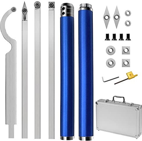 Acciaio Legato Tornitura in Legno, Set Utensili per Tornitura Contiene 4 Metallo Duro Testa del coltello (Diamante/Collo D'oca/Rotondo/Quadrato), 1 Maniglia staccabile, per Tornio per Legno (Blu)