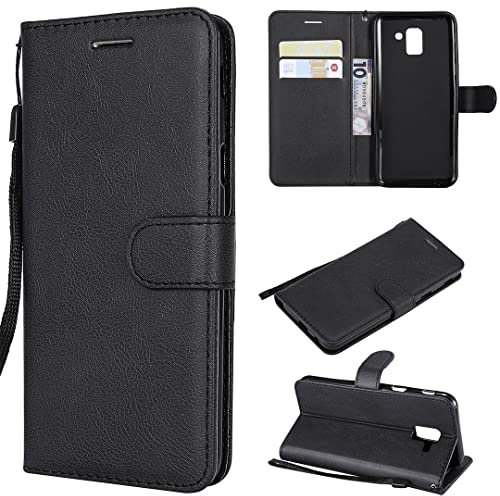 SATURCASE Coque pour Samsung Galaxy J6 2018, Classique PU Cuir Magnétique Flip Portefeuille Support Porte-Carte Protecteur Housse Étui avec Dragonne pour Samsung Galaxy J6 2018 (XD-Noir)