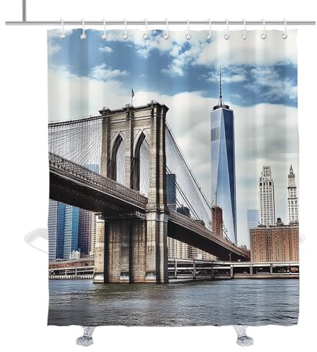 TheBlackSpot Rideau de douche New York - Pont de Brooklyn sur la rivière - Rideaux de bain - Décoration de Noël - Œillets avec crochets - 183 x 183 cm (l x H)