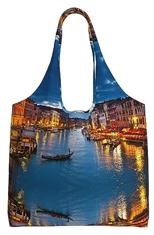 KIROJA Hirsch-Jagd-Segeltuch-Einkaufstasche,Wiederverwendbare Segeltuch-Taschen,Einkaufstaschen für Frauen einkaufen, Venedig Nacht, Einheitsgröße