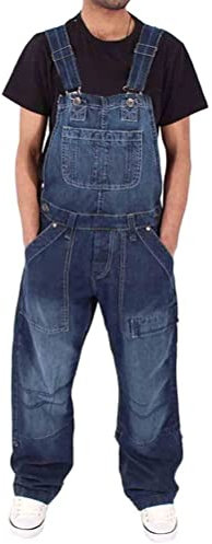 ORANDESIGNE Herren Denim Latzhose Overalls Männer Cargo Jeanshose Retro Jumpsuit Arbeitshose Loose Fit Latzanzug B Dunkelblau LN