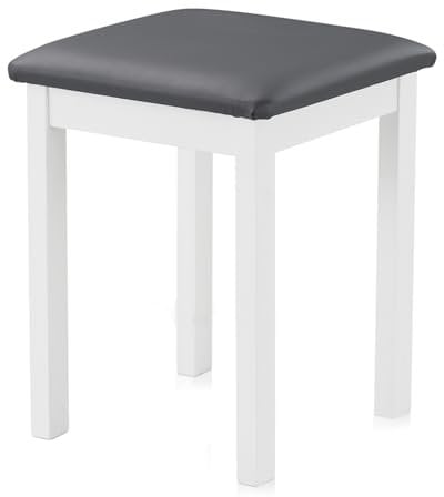 KHG Sitzhocker Holzhocker Weiß lackiert, Kunstleder gepolstert Flur Garderobenhocker Küchenhocker 36x36x47 cm - Buche Holz Massiv bis 110 kg belastbar - Schminkhocker Landhausstil