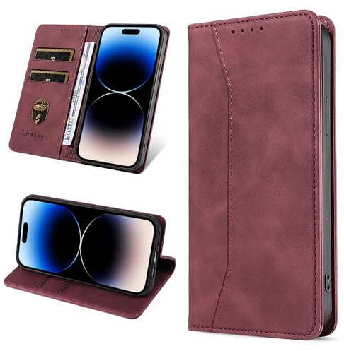 Leaisan Handyhülle für iPhone 14 Pro Hülle Premium Leder Flip Klappbare Stoßfeste Magnetische [Standfunktion] [Kartenfächern] Schutzhülle für iPhone 14 Pro 5G Tasche - Wein Rot
