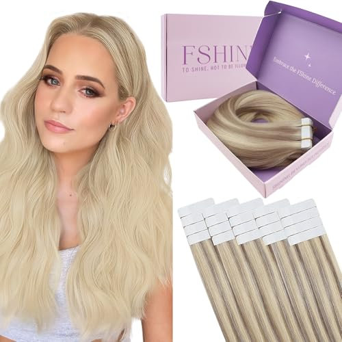 Fshine Echthaar Extensions Tape Haarverlängerungen 35 cm Haarschonend 50 g 20 Stücke Tape in Extensions Echthaar Aschblond bis Bleichblond mit Platinblond Farbe 18 22 60