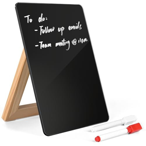 ARCOBIS Glas Desktop Whiteboard mit drehbarem Massivholzständer, 24 x 17,5 cm kleines Glas-Trockenlöschbrett mit 2 Markern, Schreibtisch-Whiteboard-Aufsteller, Glas-Notizblock für Büro, Zuhause