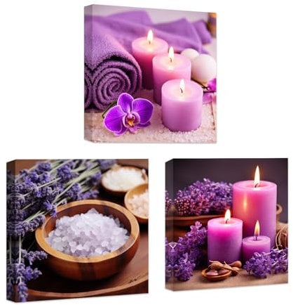 CCWACPP Zen Leinwand Wanddekoration 3 teilig lila Aromatherapie Kerzen Blumenbild Druck Badezimmer Schönheit Spa Behandlung Meditationsraum Wanddekoration gerahmt (40x40cmx3)