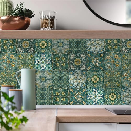 Credence Adhesive pour Cuisine 20x20cm Fleurs Vert Jaune Carrelage Adhesif Mural Salle de Bain Imperméable Stickers Muraux Cuisine Meubles Décoration Maison Stickers Carrelage (10 Pièces)