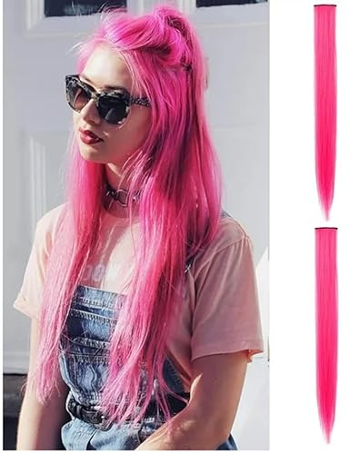 2 x Clip-In Hair Extension Highlights Streaks, Colourful Hair Highlights (Hot Pink)