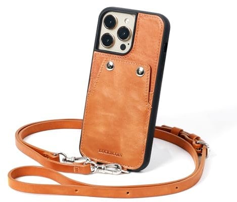 LUCKYCOIN Wallet Phone Case for iPhone 15 Pro Max with Wrist Strap/Card Holder,Fashion Travel Crossbody Case for Women,Genuine Leather Purse Cover for Girl,Pouch Case with Adjustable Neck Cord-Brown