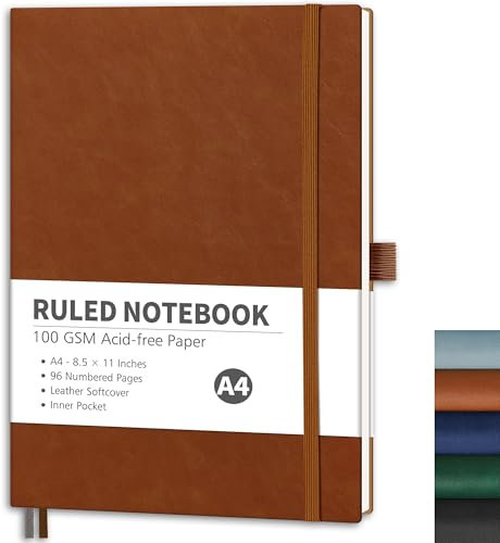 RETTACY Notizbuch Liniert A4, Leichtes Journal Tagebuch mit 96 nummerierten Seiten,100gsm Notizbücher, Innentasche, hochwertigem Softcover für Büro Schule Arbeit Frauen Männer, 21.5 x 27.9cm - Braun