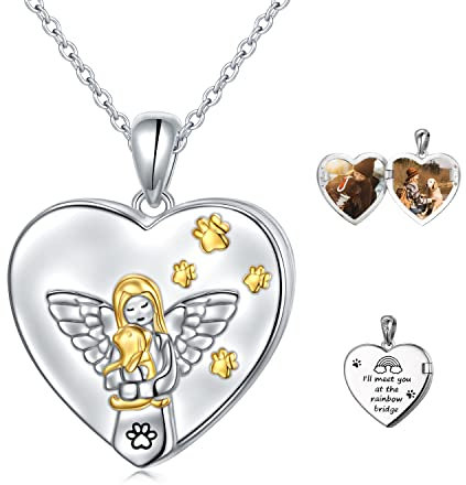 HOOHWE Hund Herz Medaillon Halskette, die Bilder hält, Sterling Silber Pfote Foto Medaillons Halsketten, Hund Katze Haustier Einäscherung Andenken Schmuck für Damen