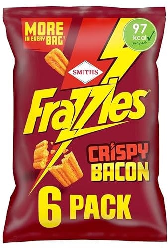 Smiths Frazzles Bacon Multipack Crisps 6 x 20g, Crispy Bacon Flavour Corn Snack, Baked, not fried, No artificial preservatives, Suitable for vegetarians, 97 kcal per pack