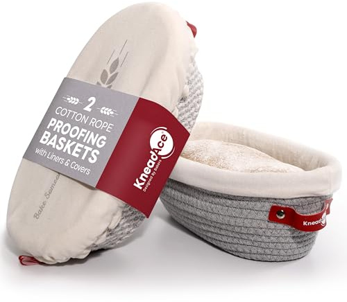 KneadAce Cotton Rope Banneton Proofing Basket Set, 2 x Oval With Liners & Covers for Artisan Bread Baking, Sourdough Baking Supplies