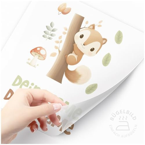 Moonworks® Bügelbilder Set für Kinder Waldtiere Personalisiert Tiermotive Wunschname Patches zum Aufbügeln auf Textilien Eichhörnchen weiß standard