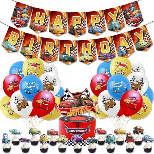 5 Stück New Cars Geburtstagsparty Dekoration für Kindergeburtstag, Jungen Party, einschließlich Geburtstags-Banner, Luftballons, kleine Einsätze, große Einsätze, Spulen von Faden, Aluminiumfolie