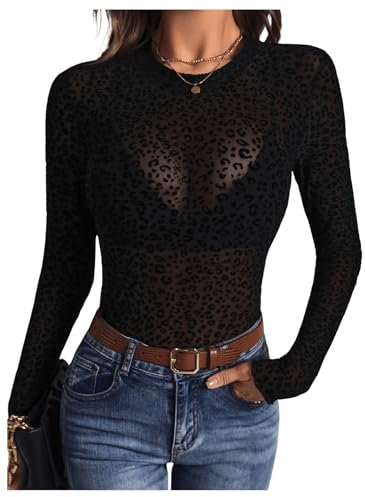 GORGLITTER Women's Leopard Print Sheer Mesh T Shirts Crewneck Long Sleeve Sexy Fitted Tops Black S
