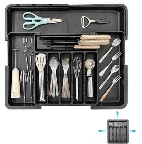 JLLYGOUS Besteckkasten für Schubladen, Schubladen Organizer Küche, Besteckeinsatz für Schubladen Erweiterbar Praktischer Schubladen Organizer (Schwarz)