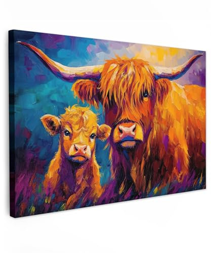 MuchoWow© Leinwand Bilder Groß 120x80 cm XXL Wanddeko Wohnzimmer Aesthetic Room Decor Deko Zimmer Wandbilder Modern Bild auf Leinwand Schottische Hochlandrind - Kühe - Tiere - Kunst