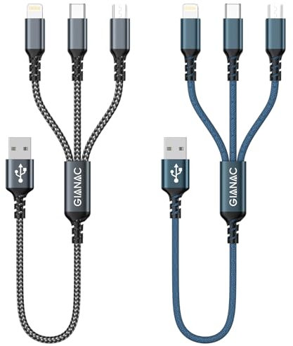 Multi Charger Cable, USB Charger Cable [2Pack 0.5M] 3 in 1 Multiple USB Cable Nylon Braided with Micro USB Type C Lightning Connector for iPhone, Android Samsung, Huawei, Nexus, Nokia,LG, Sony