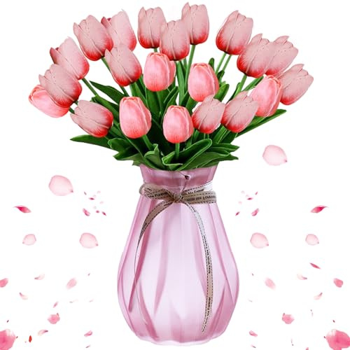 Künstliche Tulpen Blumen, 12 Stück Latex Touch Tulpen, Gefälschte Tulpen Blume, Tulpe mit PU Stiel, Faux Real Tulpen, Blumendekoration für Brautsträuße, Haus, Party, Büro, DIY Blumenarrangements
