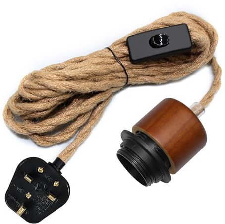 Hemp Rope Plug in Pendant Lighting, 500CM Cable, Walnut Wood E26/E27 Lamp Holder with Switch, Plug in Ceiling Light, Vintage Hanging Rope Light Fitting, Rustic Style, Suitable for Install Lampshade