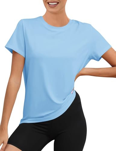 Rapbin Sportshirt Damen Kurzarm, UPF 80+ Basic Leichtes Atmungsaktiv Trocken Funktions Sport Oberteile Damen Rundhals Sportshirt Locker für Fitness Laufshirt Yoga(Hellblau,L)