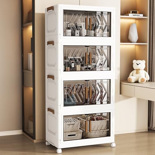 Storage Boxes with Lids Collapsible Storage Bin Stackable Organiser, Foldable Plastic Box with Door and Wheels (4 tier)