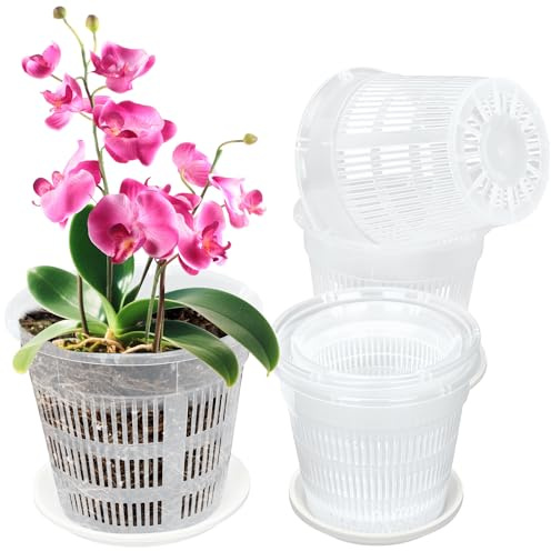 aleawol Clear Orchid Pot 8 PCS Plastic with Holes and Saucers, Orchid Pots Repotting Root Growth and Seedling, Transparent Nursery Flower Pots for Indoor & Outdoor Slotted Planters 11 14 16 19cm