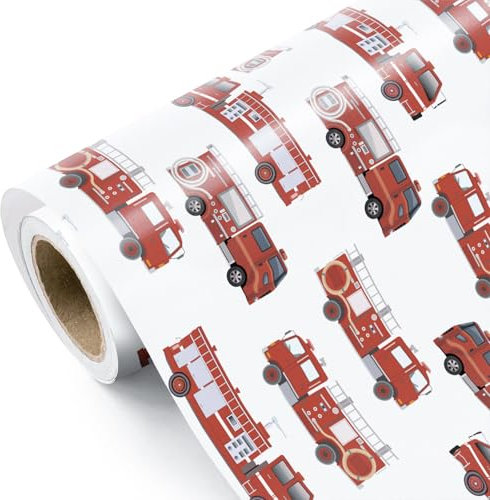 WRAPAHOLIC Geschenkpapierrolle Feuerwehrauto – Mini-Rolle – 43,2 cm x 5,2 m – rotes Feuerwehrauto Geschenkpapier, perfekt für Kinder, Jungen, Geburtstag, Babyparty