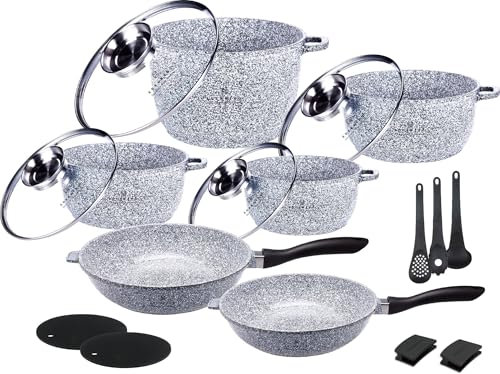 Topfset, 4 Töpfe, 2 Pfannen + Küchenzubehör, Silikonfüße, Induktion, Deckel, Induktion Topfset EB-8183
