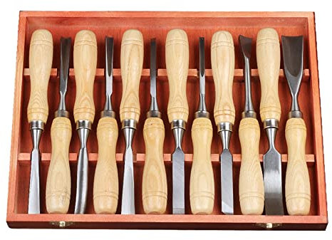 Ensemble de sculpture sur bois, outils de travail du bois, burin, ciseaux à découper, couteau de gravure en boîte, 12 pièces.