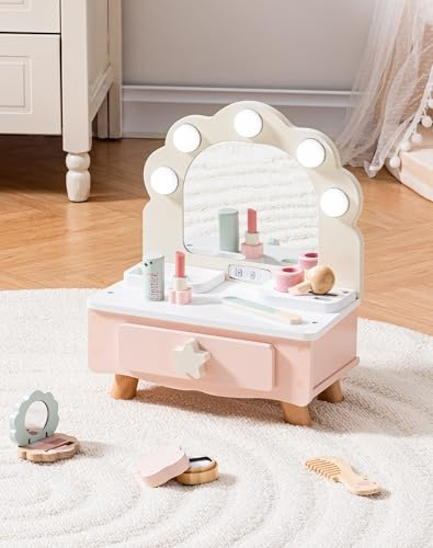 ROBOTIME Holz Schminkset für Mädchen, Kinder Schminktisch mit Litch Rosa | Holzaccessoires, Schublade und fantasievoller Rollenspielspaß für Kinder ab 3 Jahren – eine schöne Geschenkidee