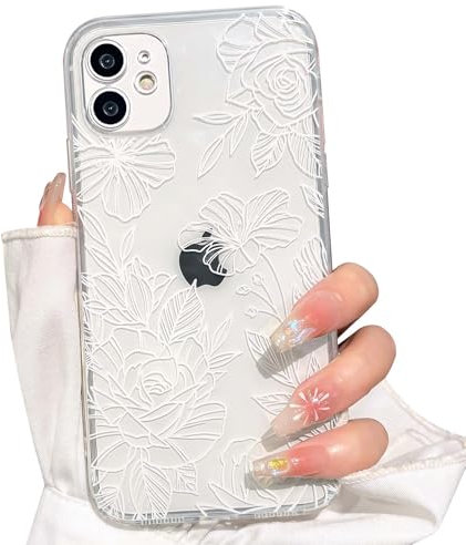 NITITOP Compatible with iPhone 12 Case Cute Clear White Flower Floral Line Design for Women Girls Transparent Full Camera Slim Soft TPU Shockproof Protective Phone Cover - White