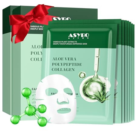 ASYBO Pack of 20 Collagen Face Masks, Aloe Vera Polypeptide Collagen Facial Masks Skincare, Moisturizing Facial Sheet Mask for Acne, After Sun, Claming, Anti-Aging and Anti-Wrinkle