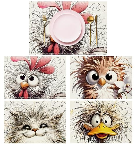 Lvjkes 4 Stück Tiere Platzset, 30 x 45 cm Tischsets Abwaschbar | Handgenähte Bedruckte Tischsets, rutschfeste Tischset Platzsets aus Leinen, Geeignet für Küche, Wohnzimmer, Esszimmer, Bar
