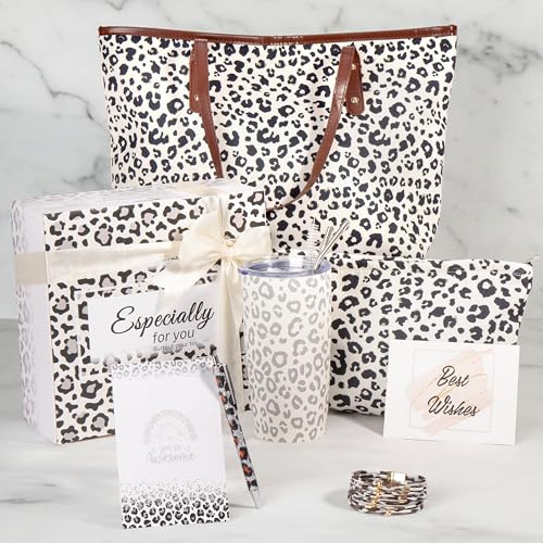 GiftAmaz Weiße Leopardenmuster Geschenkbox für Frauen - mit Thermobecher & Shopper Tasche, Self-Care Geschenk, Geburtstagsgeschenk für Frau, Freundin, Schwester, Mama