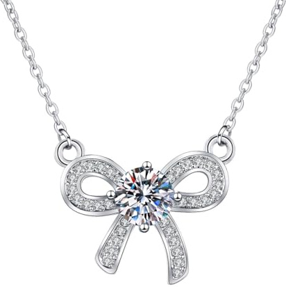 KnBoB Anhänger Halskette Damen Weiß Gold 18 Karat Hohl Schleife Rund Labor Diamant Kette Schmuck 40+5 cm